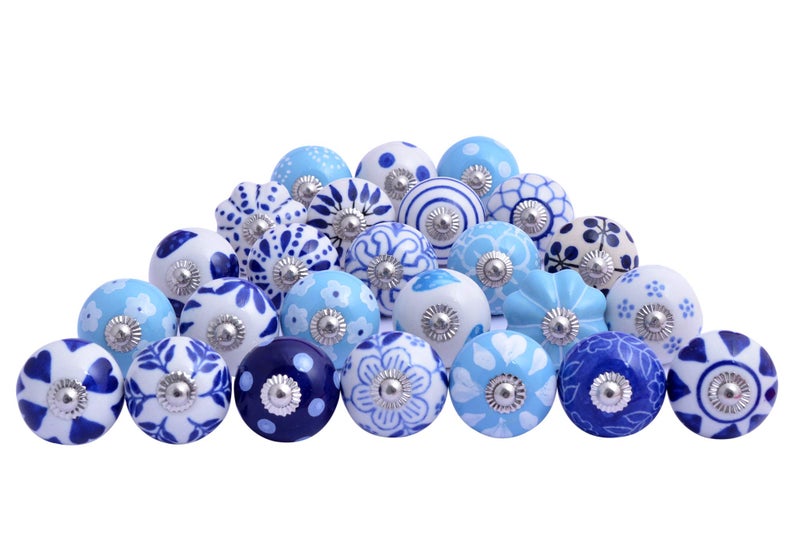 FOLK CRAFT Assorted Cabinet Knobs - Set of 12 Pcs - Handmade Ceramic Drawer Pull Handle Kitchen Cupboard Wardrobe Knob Rajasthani Home Decor - Blue - Image 2